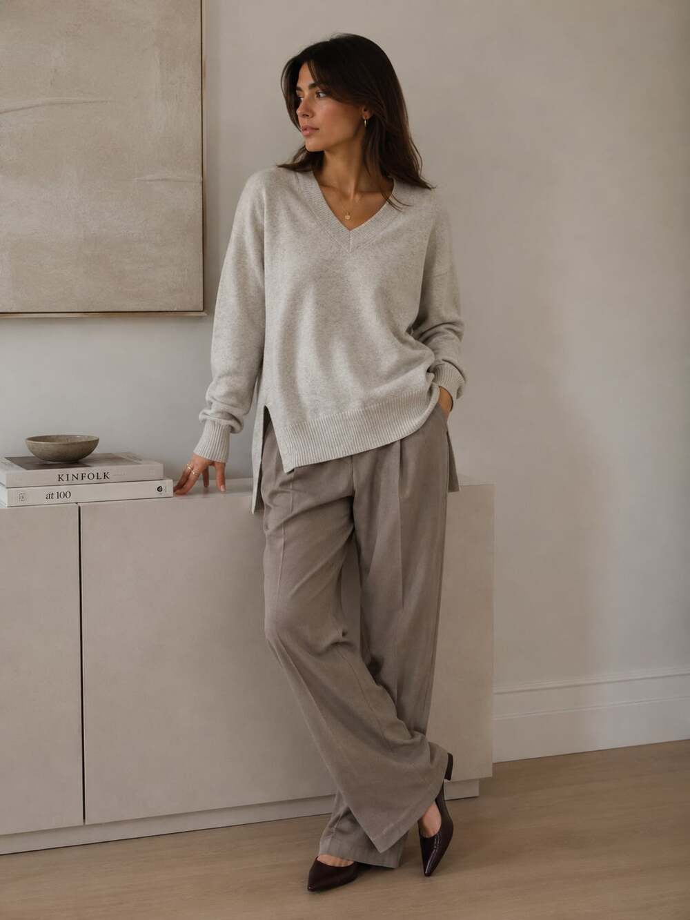Madewell Wool Alpaca Blend V-Neck Sweater Heather Oatmeal XS Cozy Minimalist